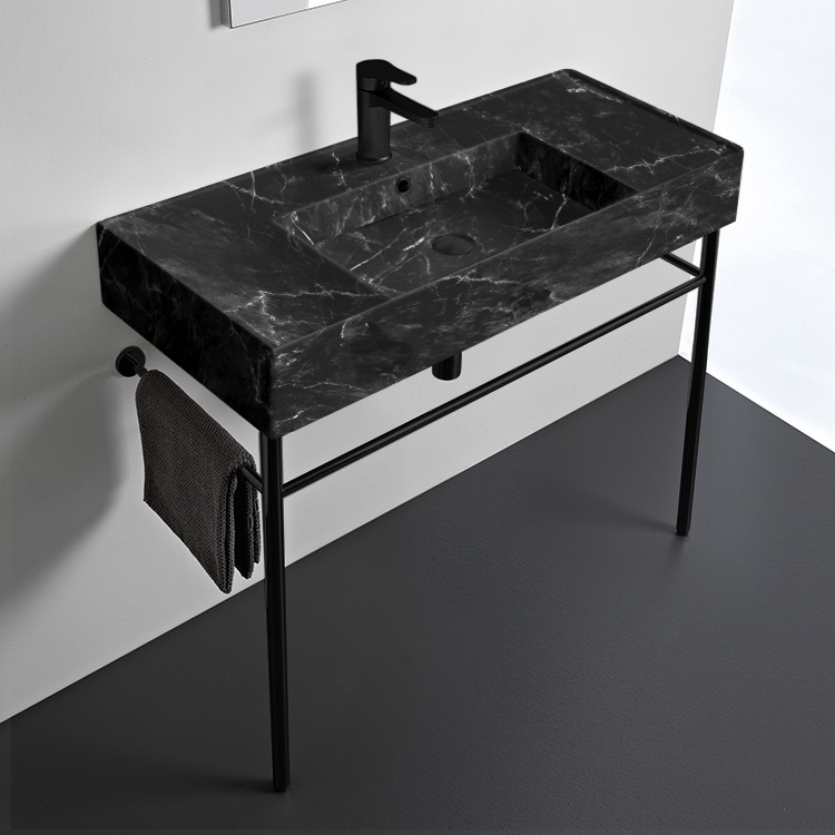 Scarabeo 5124-G-CON-BLK 40 Inch Black Marble Style Console Sink, Ceramic Sink with Black Metal Legs